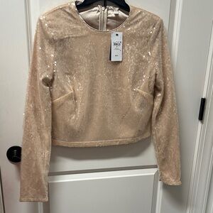NWT Guess Women’s Beige Sequin Long-Sleeve Crop Top